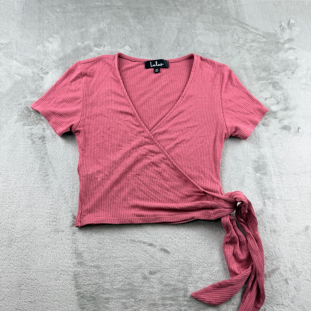 Lulus Ribbed Surplice Wrap Crop Top Rose Pink XS Short Sleeve Side Tie V-Neck